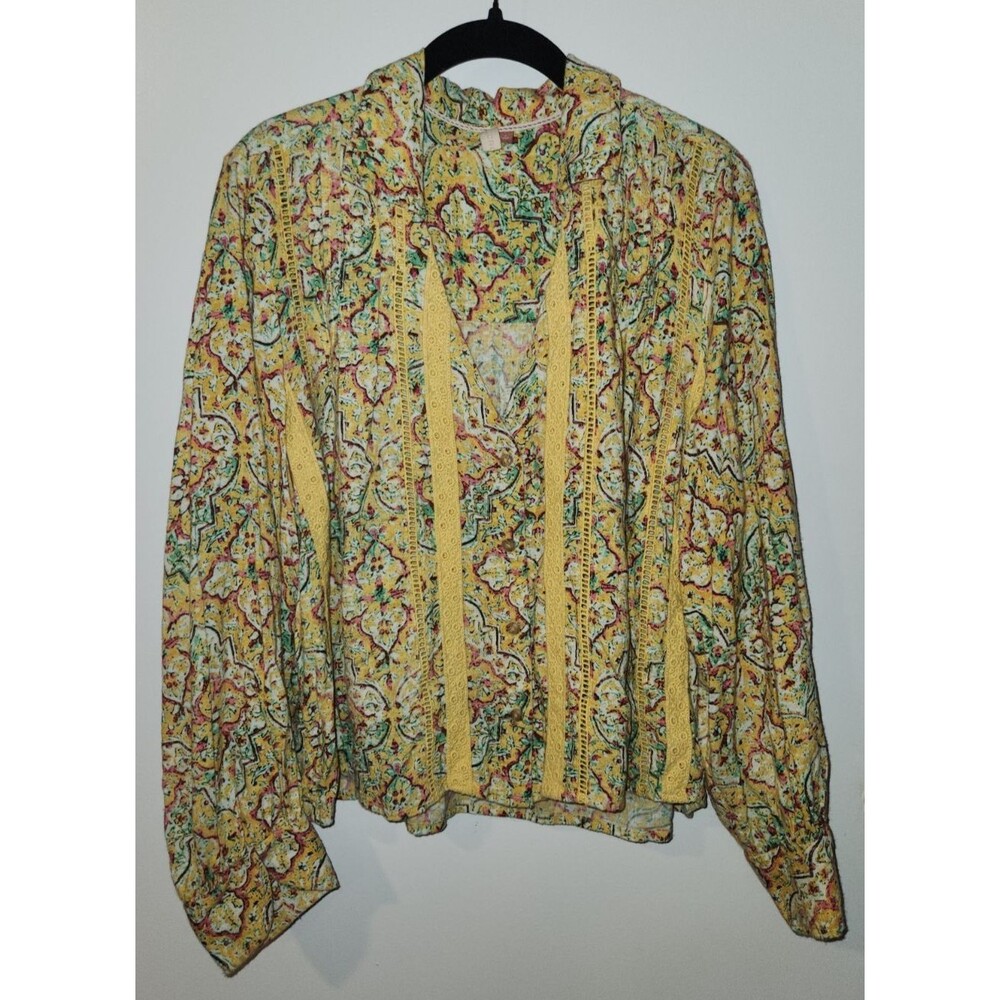 Pilcro Womens Sz L Pintuck Peasant Blouse Yellow Long Sleeve Floral Boho Lagen